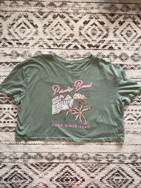 Roxy Sage Green Crop Tee with Pink Surf Graphic